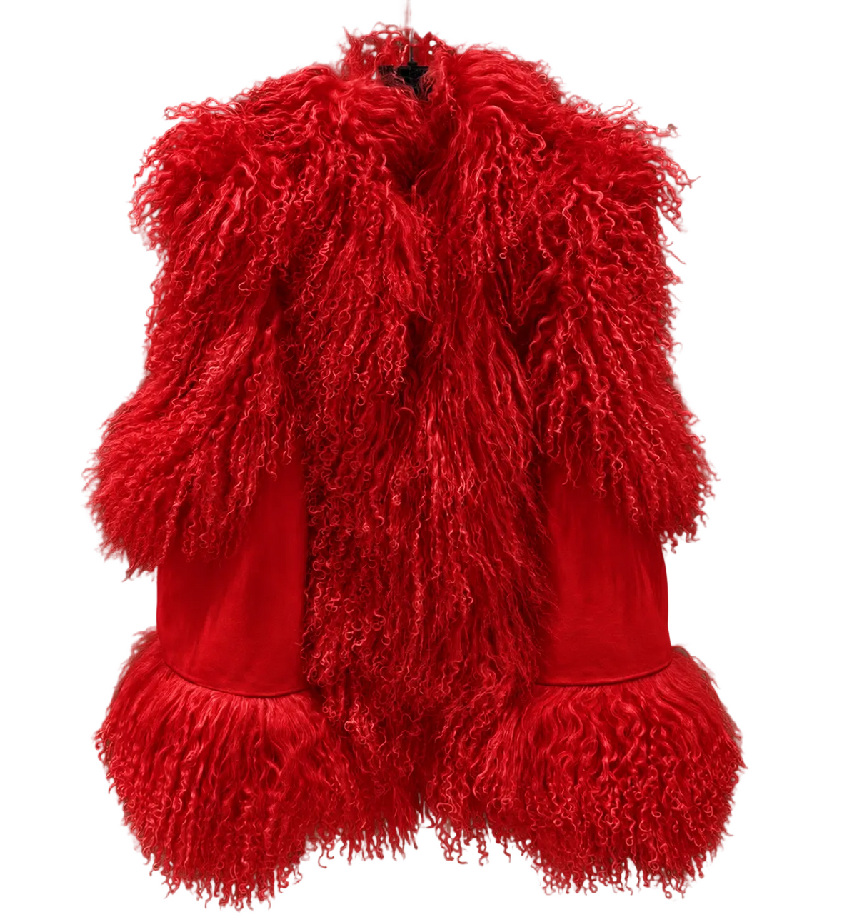 A vibrant red vest featuring a thick, curly shaggy faux fur collar and matching fringe trim at the hem, displayed on a hanger against a textured gray concrete wall.