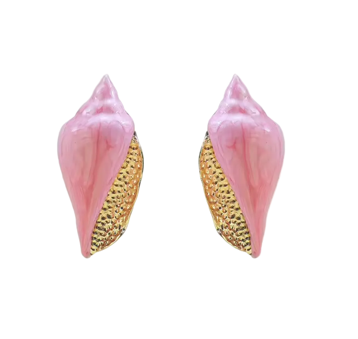 A pair of pink and gold conch shell stud earrings on a plain white background.