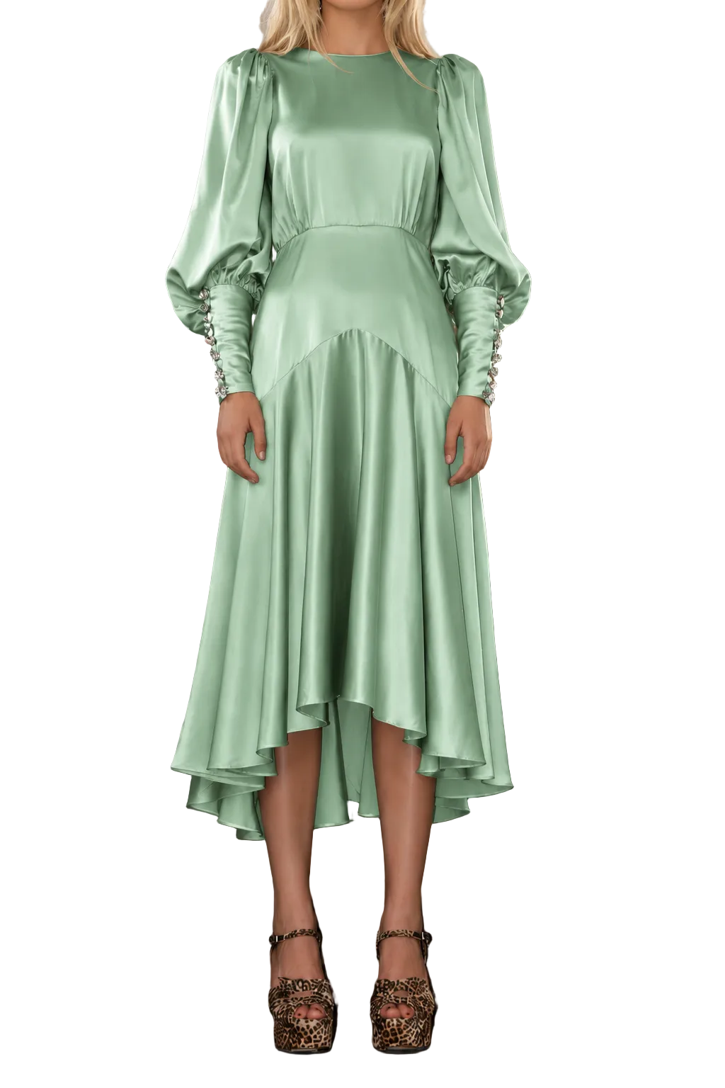 A woman wearing a sage green satin midi dress with puffed balloon sleeves and a tiered high-low skirt, standing on stone stairs.