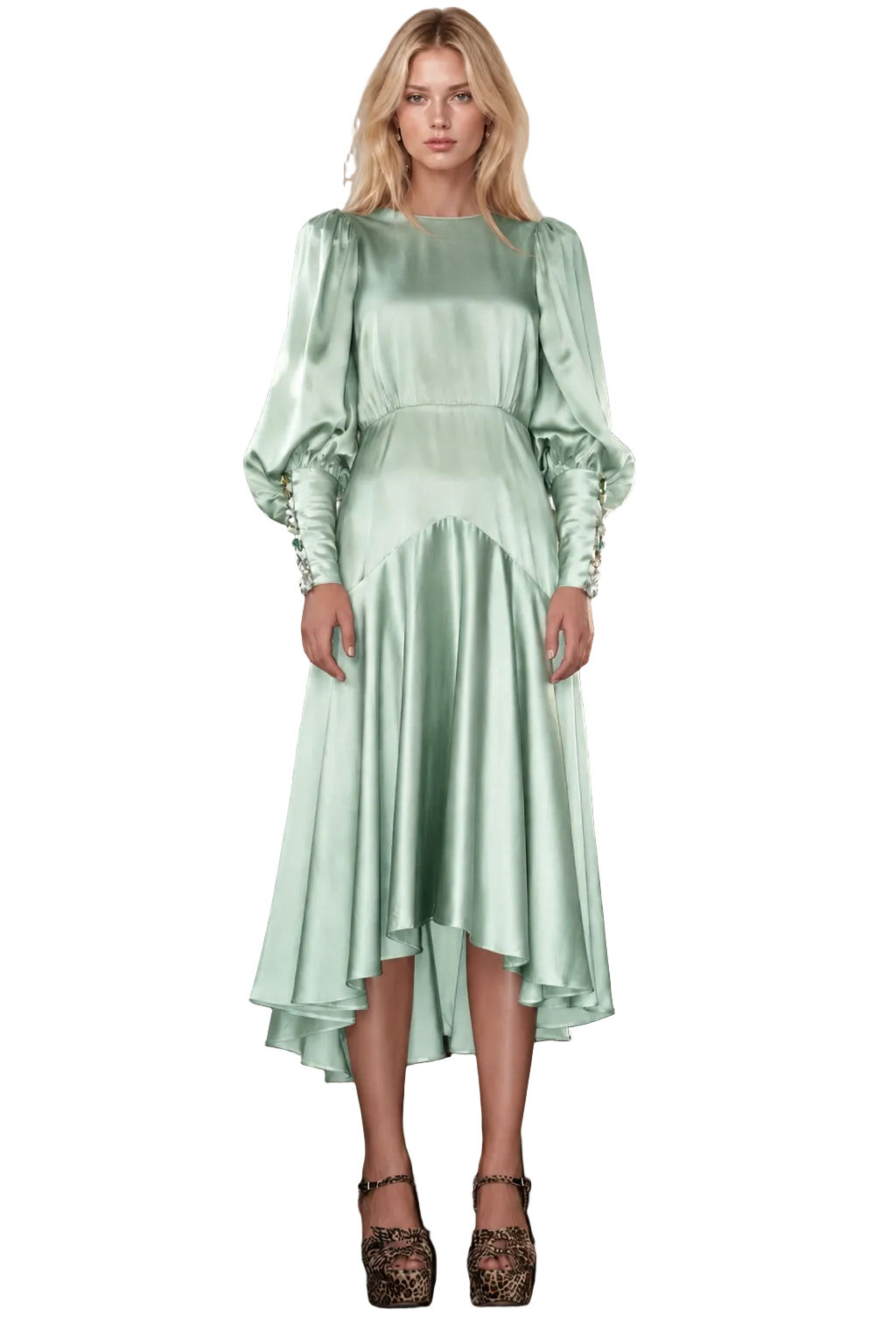 A woman stands on an indoor staircase wearing a pale mint green satin midi dress with long puffed sleeves, lace-up cuffs, and an asymmetrical draped hem. She is wearing brown lace-up heels.
