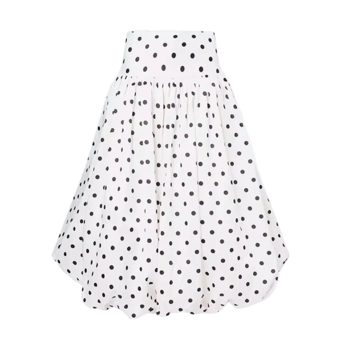 A white A-line skirt with a black polka dot pattern, featuring a gathered waistband and a flared silhouette.