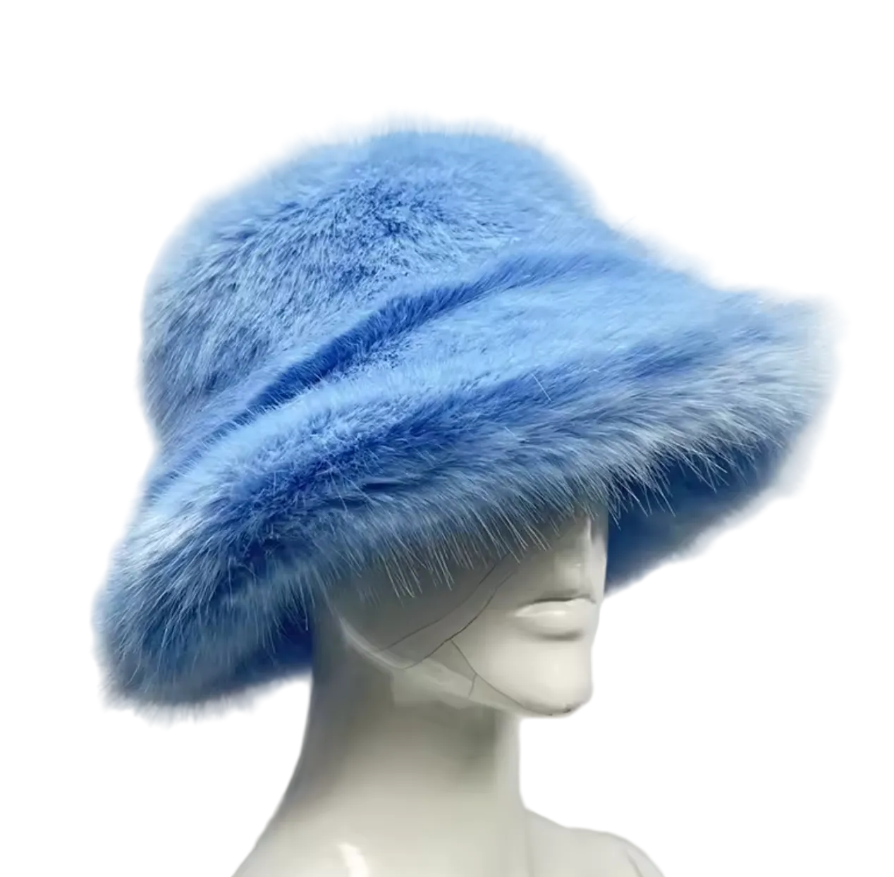 A light blue faux fur bucket hat displayed on a white mannequin head against a white tiled background.