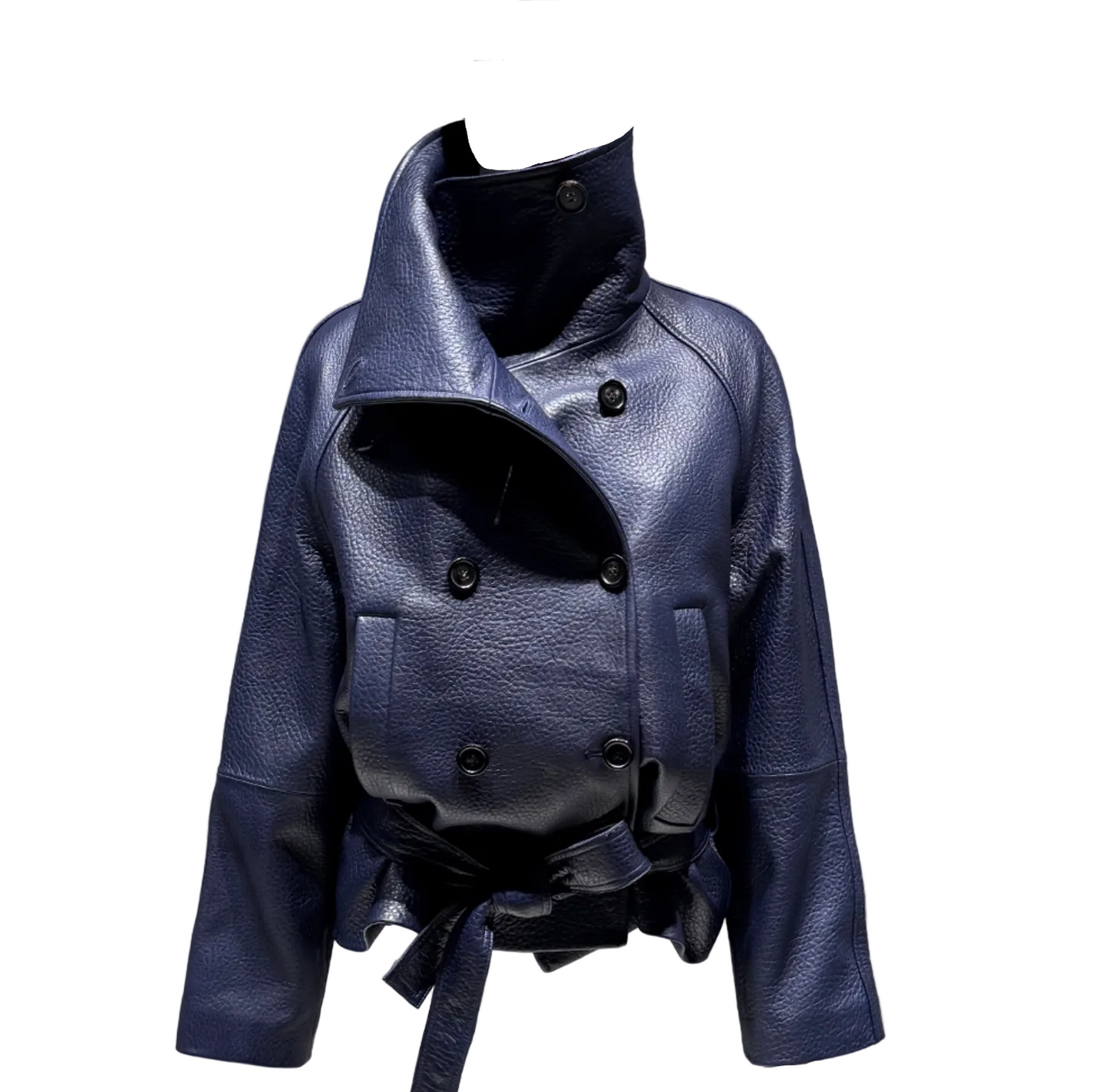 A dark navy blue textured leather jacket with a high collar and asymmetrical double-breasted buttons, displayed on a white mannequin against a gray concrete wall.