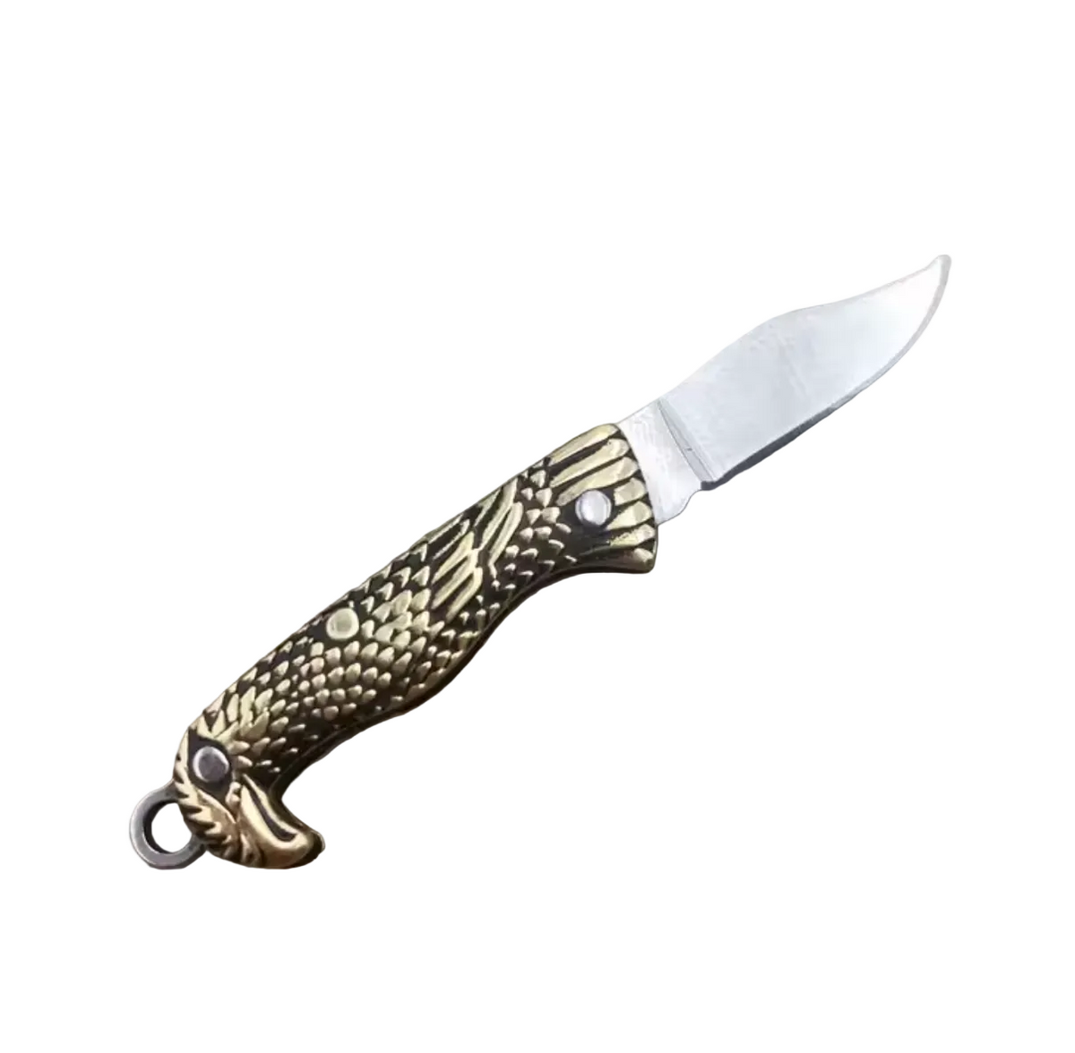 A small folding pocket knife with a textured bronze-finished handle and a silver stainless steel blade, resting on a weathered gray-brown wooden surface.