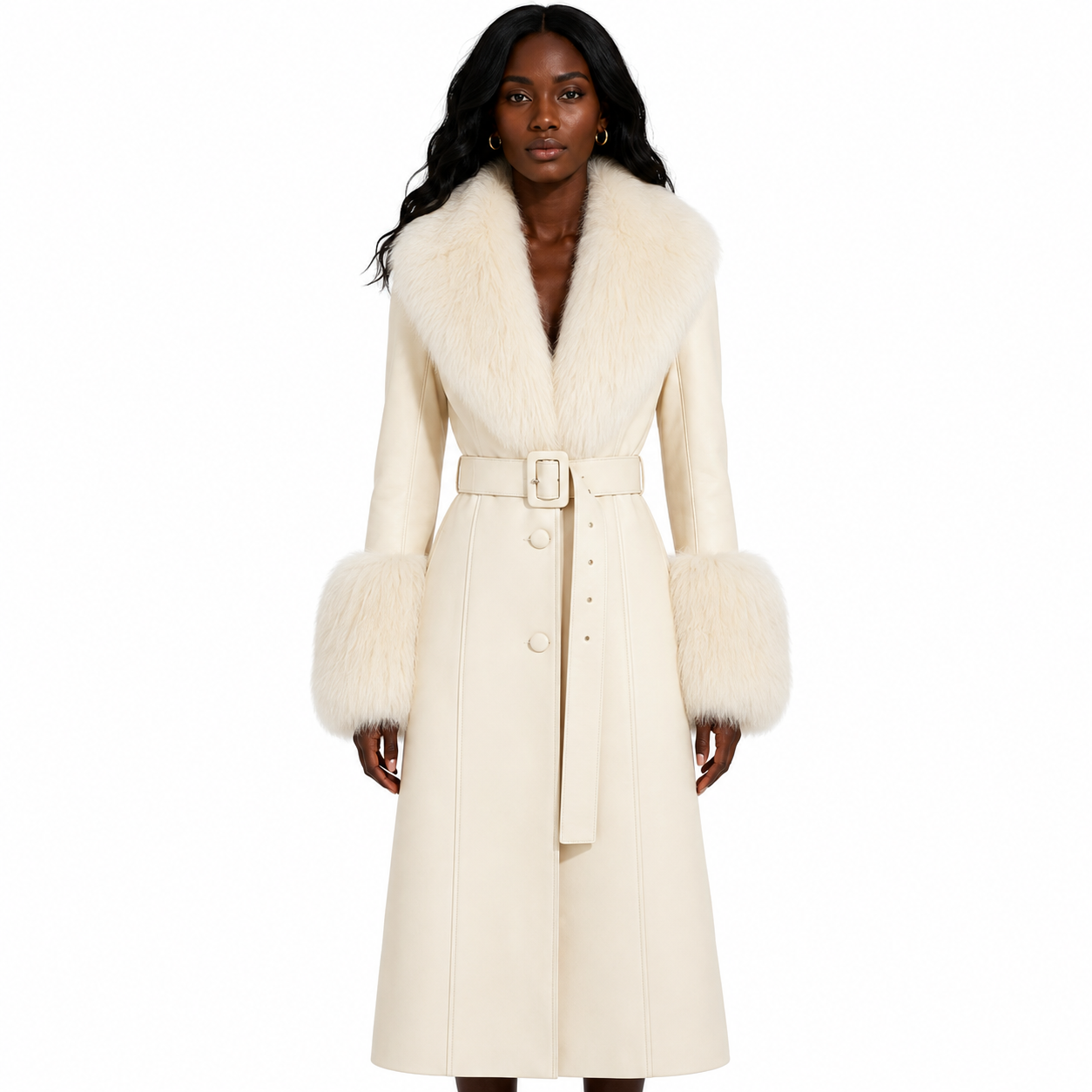 A black model wearing a long cream-colored coat with a large faux-fur collar and matching faux-fur sleeve cuffs, featuring a matching belt with a square buckle, set against a plain white background.