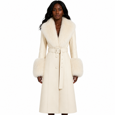 A black model wearing a long cream-colored coat with a large faux-fur collar and matching faux-fur sleeve cuffs, featuring a matching belt with a square buckle, set against a plain white background.