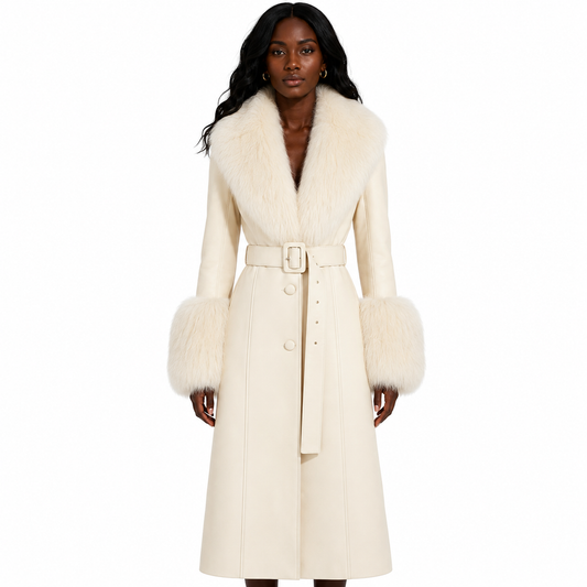 A black model wearing a long cream-colored coat with a large faux-fur collar and matching faux-fur sleeve cuffs, featuring a matching belt with a square buckle, set against a plain white background.