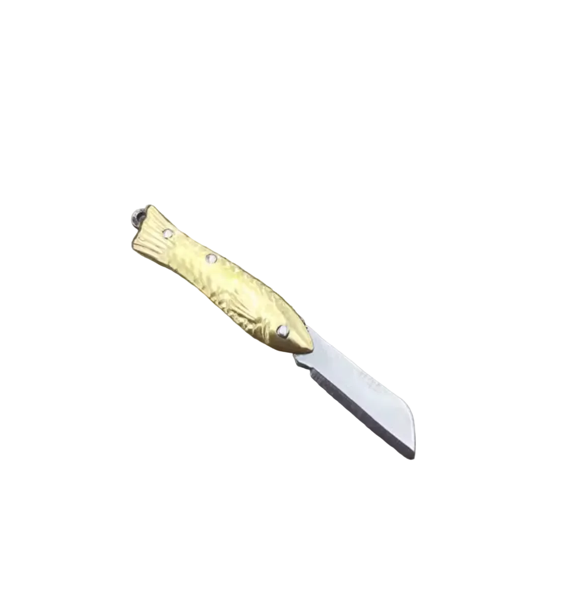 A miniature folding pocket knife with a gold-toned fish-shaped handle and a silver blade, shown next to a small silver ring on a weathered gray wooden surface.