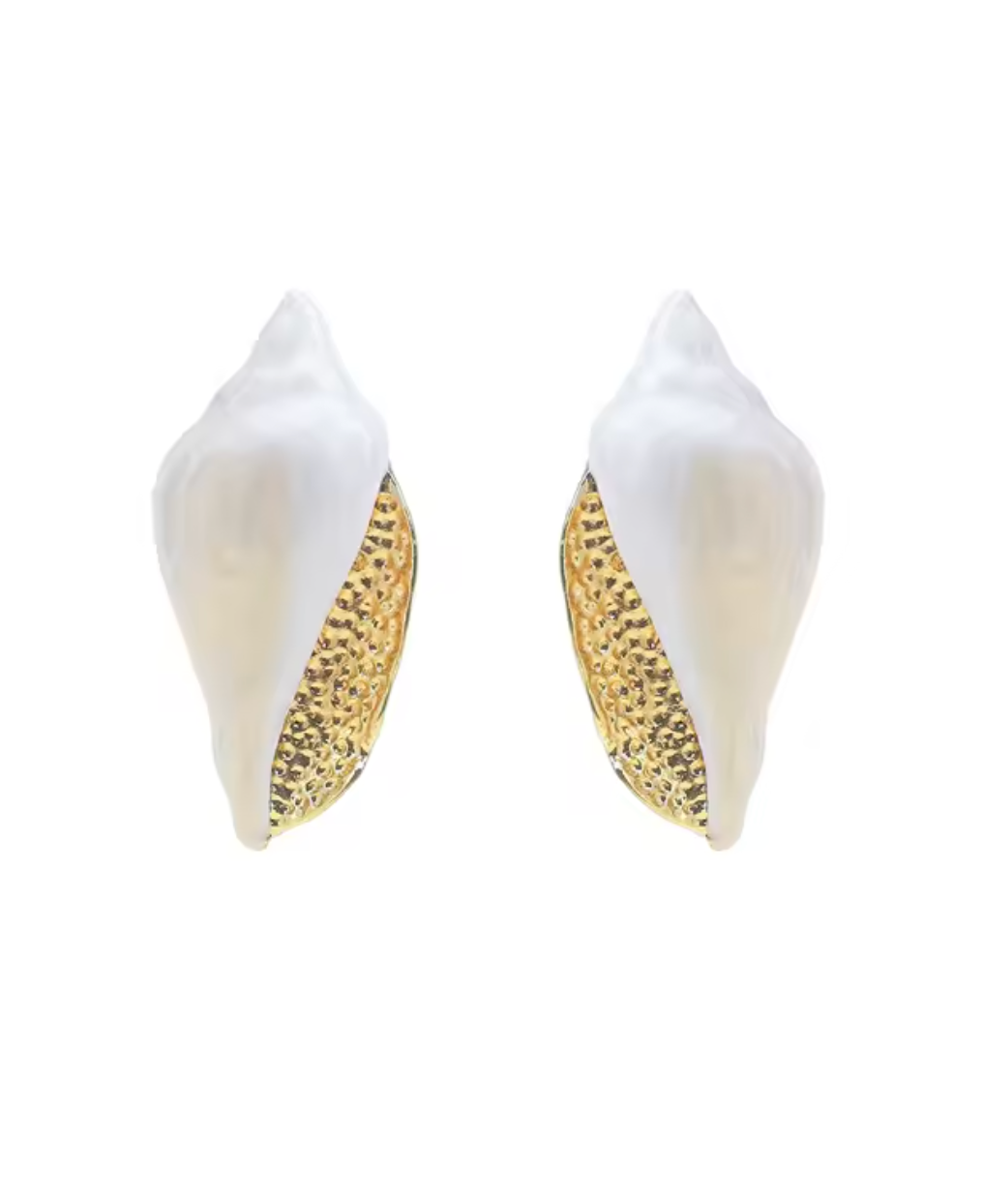 A pair of shell-shaped earrings with a smooth white outer surface and a textured gold inner accent, shown on a plain white background.
