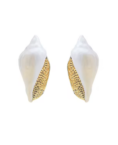 A pair of shell-shaped earrings with a smooth white outer surface and a textured gold inner accent, shown on a plain white background.