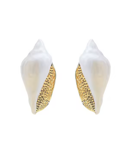 A pair of shell-shaped earrings with a smooth white outer surface and a textured gold inner accent, shown on a plain white background.