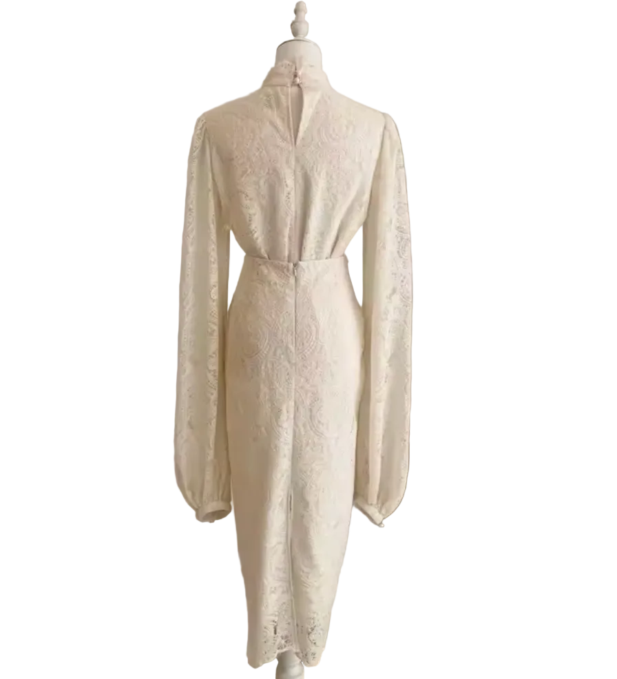 An ivory lace midi dress with long balloon sleeves and a high mock neck, displayed on a white mannequin in an indoor setting.