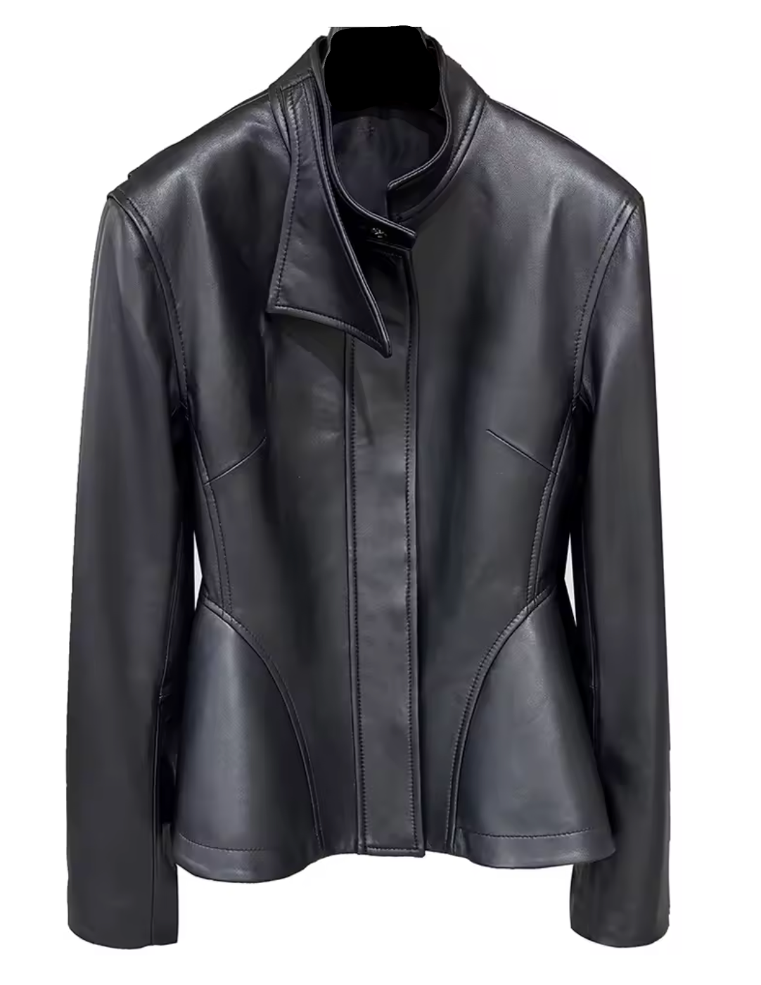 A black genuine sheepskin supple luxurious leather jacket with a unique asymmetrical collar and structured shoulders and waist. 