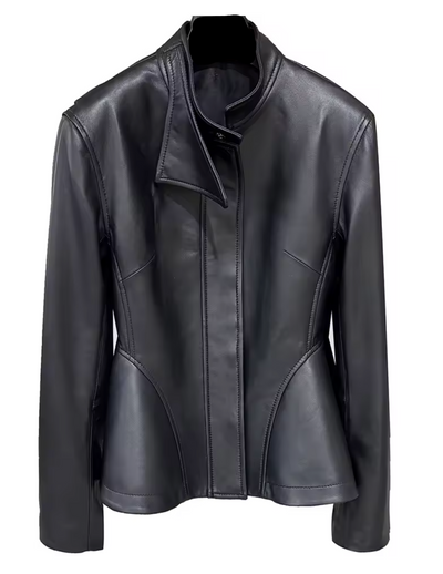 A black genuine sheepskin supple luxurious leather jacket with a unique asymmetrical collar and structured shoulders and waist. 