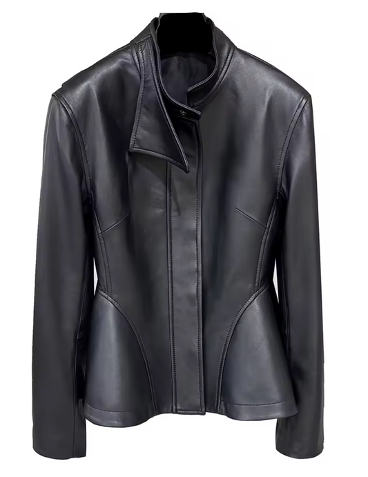 A black genuine sheepskin supple luxurious leather jacket with a unique asymmetrical collar and structured shoulders and waist. 