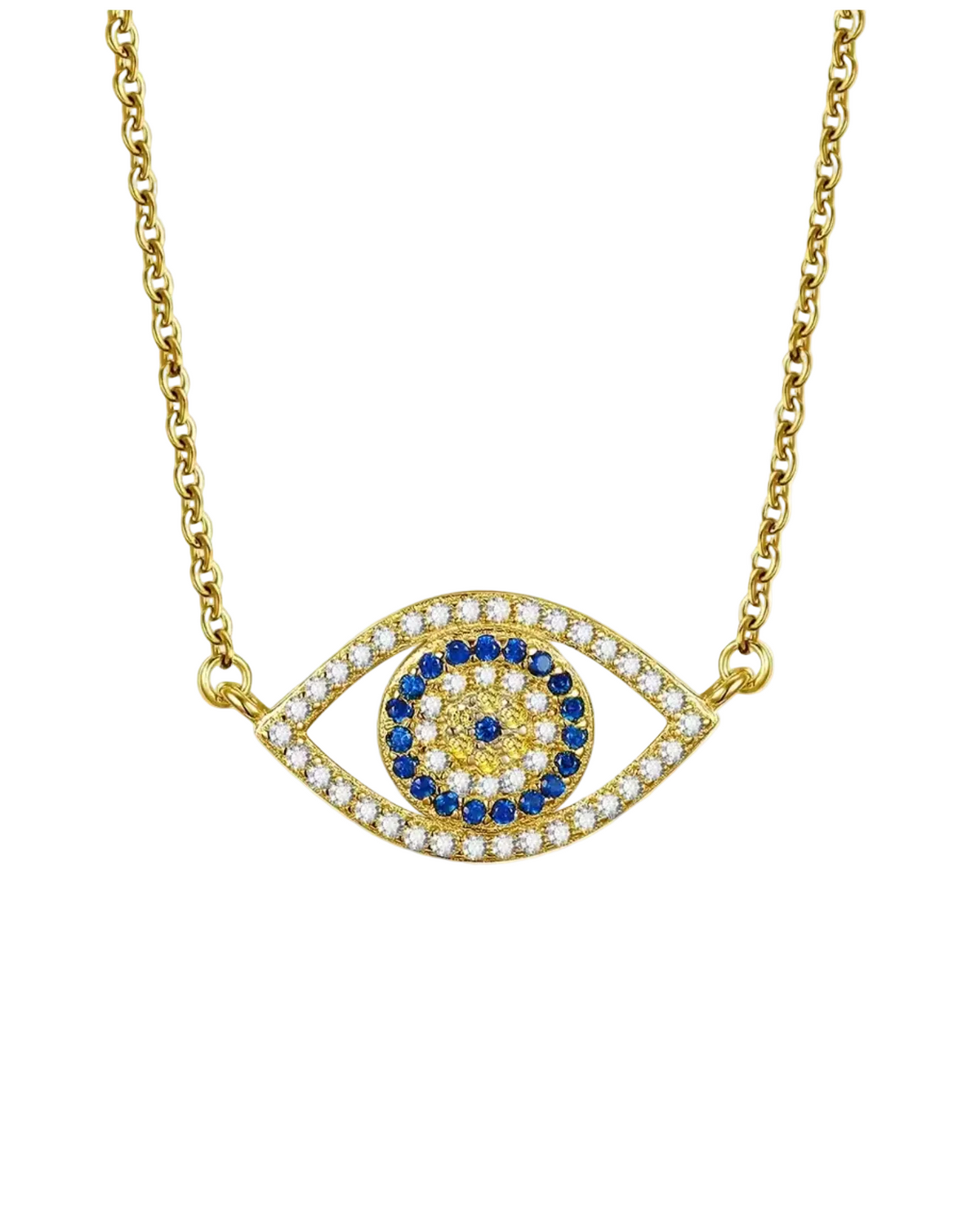 Gold-tone evil eye pendant necklace with a silver-colored chain, featuring blue and white stones in a circular pattern on a white background.