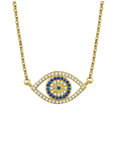 Gold-tone evil eye pendant necklace with a silver-colored chain, featuring blue and white stones in a circular pattern on a white background.