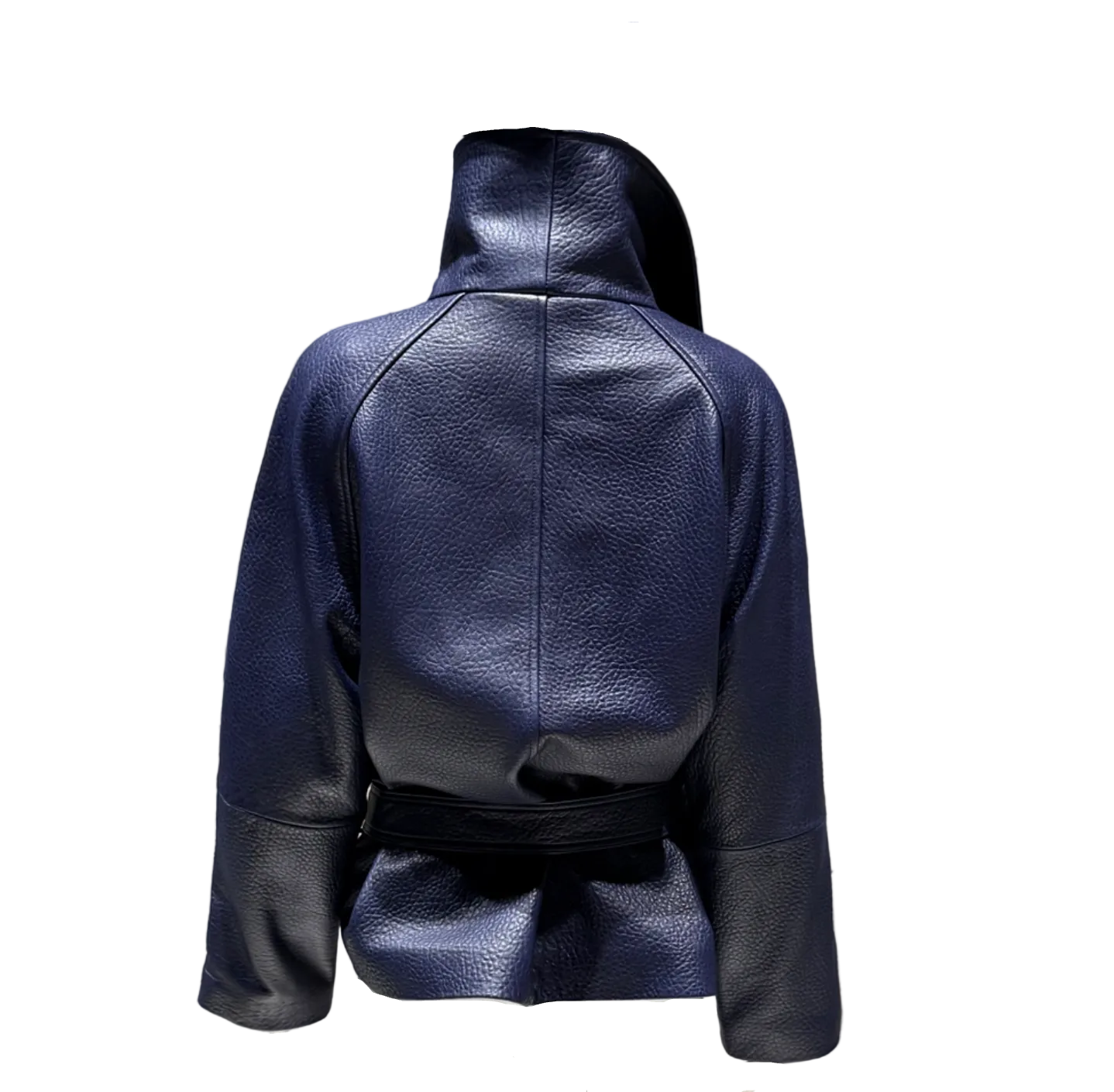 A navy blue textured leather jacket with a high collar and a matching waist belt, shown from the back on a white mannequin against a gray concrete wall.