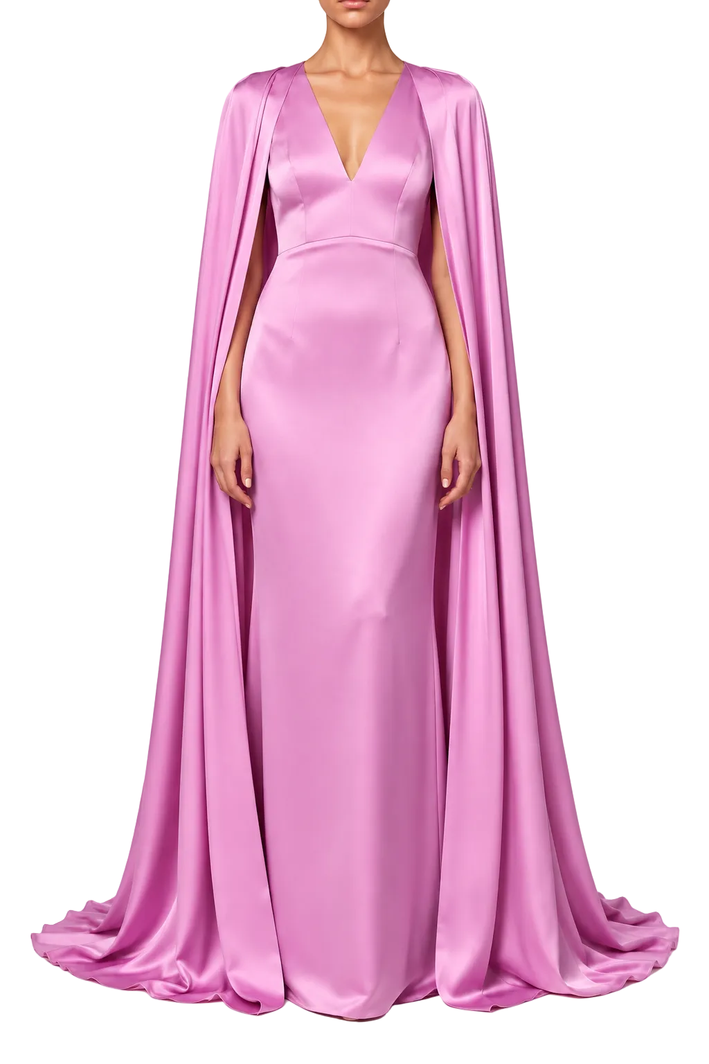 A woman modeling a floor-length satin gown in bright pink with a draped cape-style overlay and a deep V-neckline, shown against a plain light gray studio background.