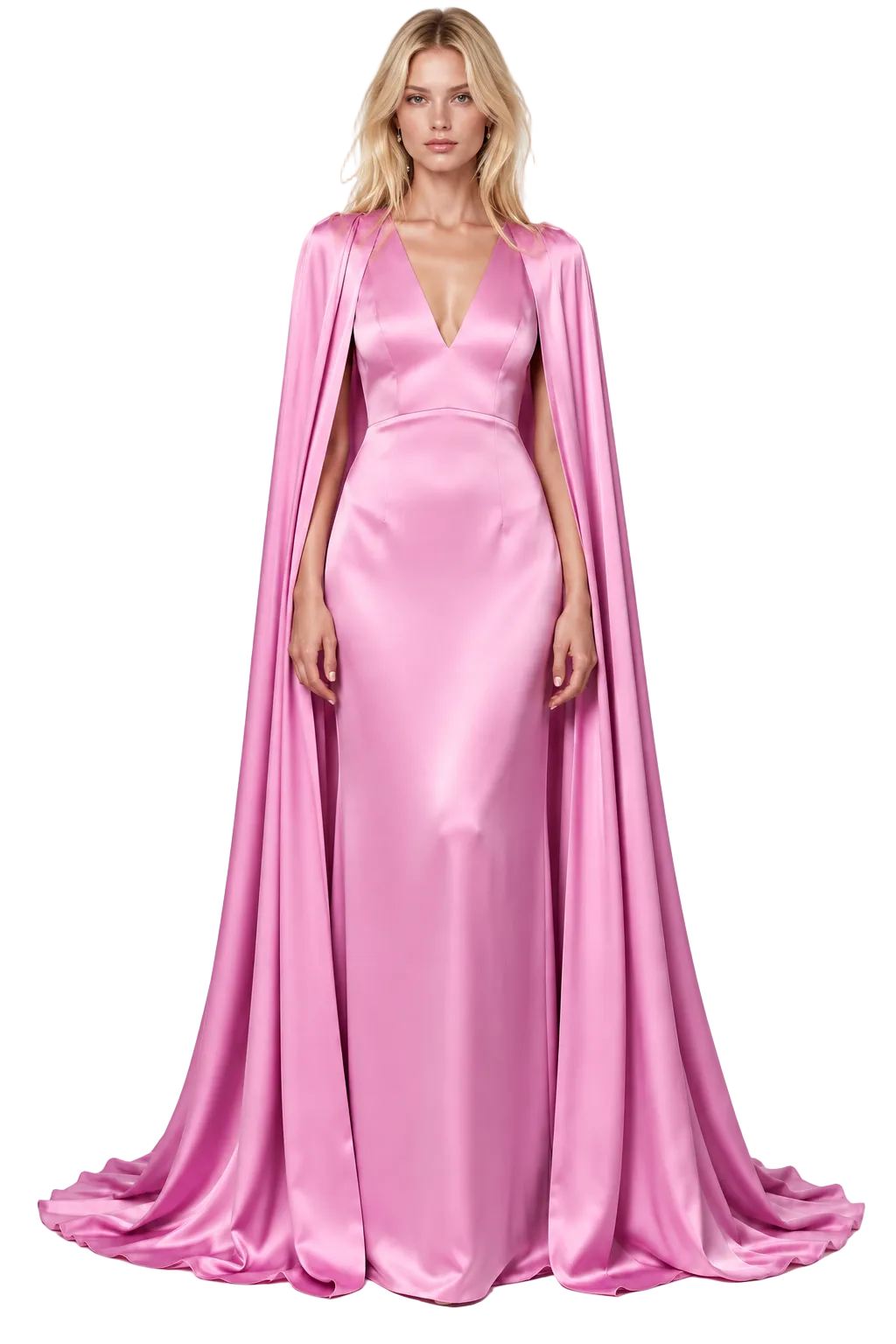 A woman modeling a floor-length pink satin gown with a draped cape-style sleeve and a deep V-neckline, photographed against a plain light gray studio background.
