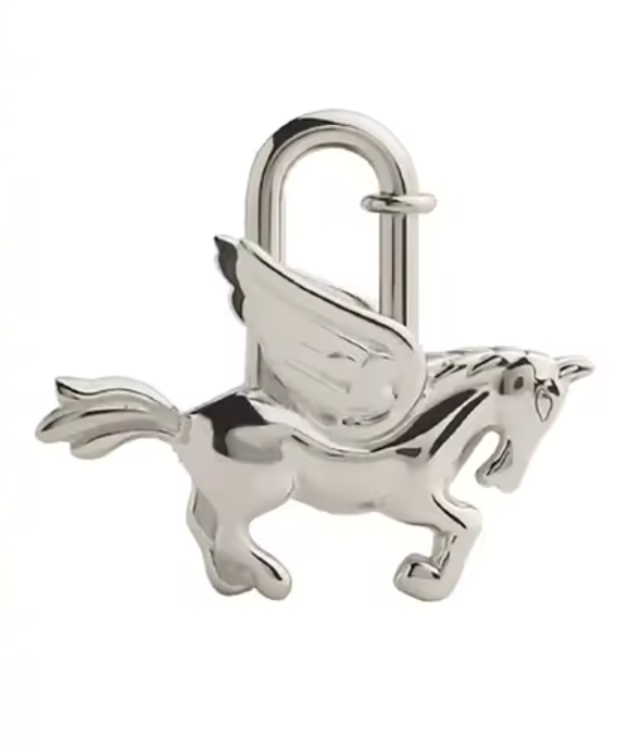 A polished silver metal charm shaped like a winged horse, photographed on a plain white background.