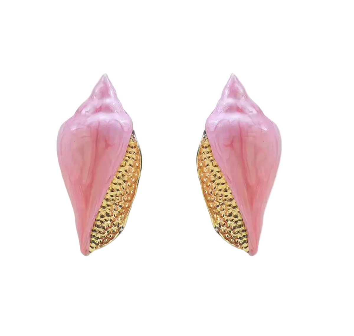 A pair of pink and gold conch shell stud earrings on a plain white background.