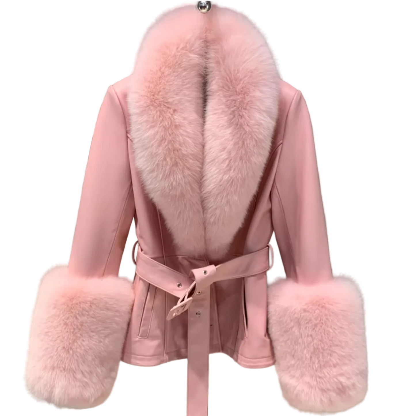 A pink faux-leather belted coat with a large fluffy pink fur collar and matching faux-fur cuffs, hanging against a gray textured wall.