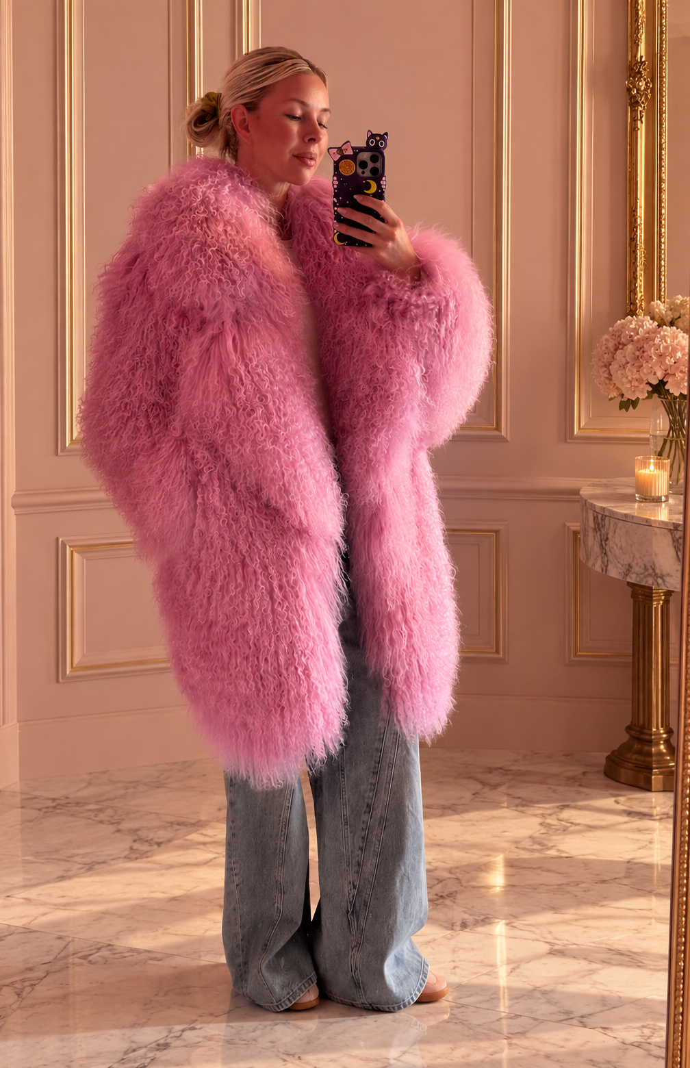 A woman takes a mirror selfie wearing a voluminous, bright pink shaggy faux fur coat over light-wash wide-leg jeans in an elegant room with gold-trimmed walls and marble floors.