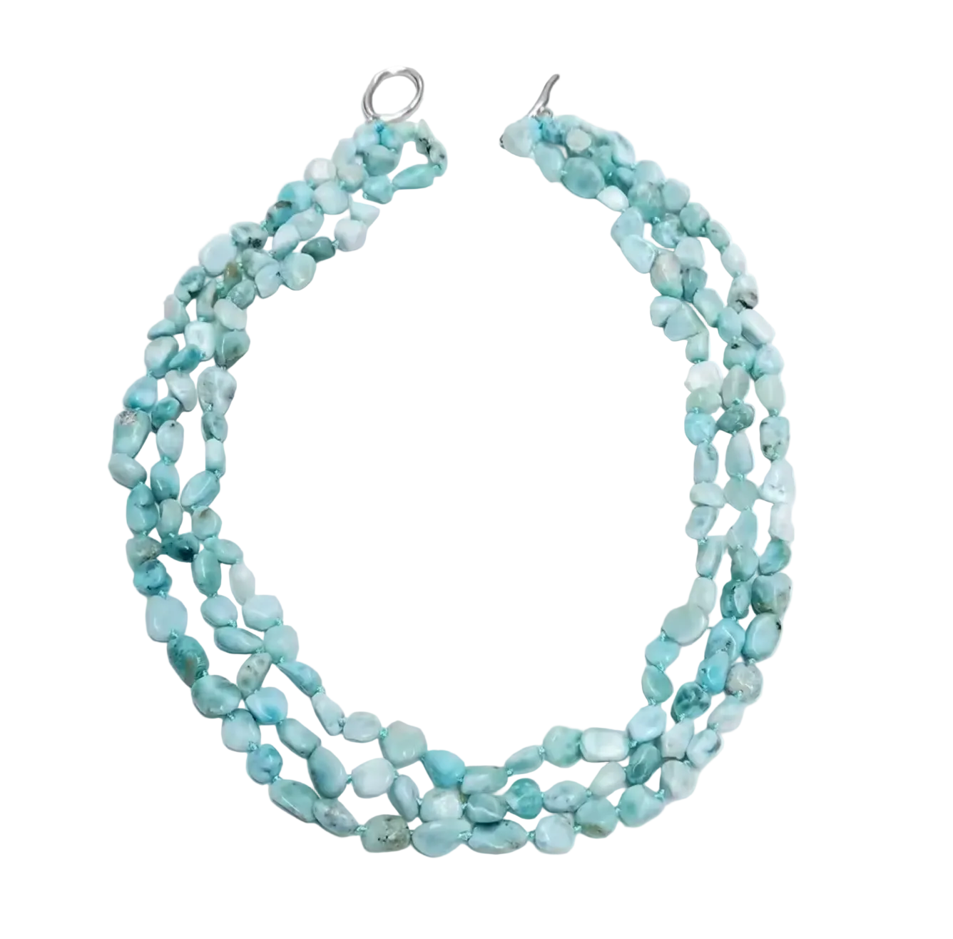 A multi-strand necklace made of light blue marbled stone beads with silver-toned clasp hardware, displayed on a textured white background.