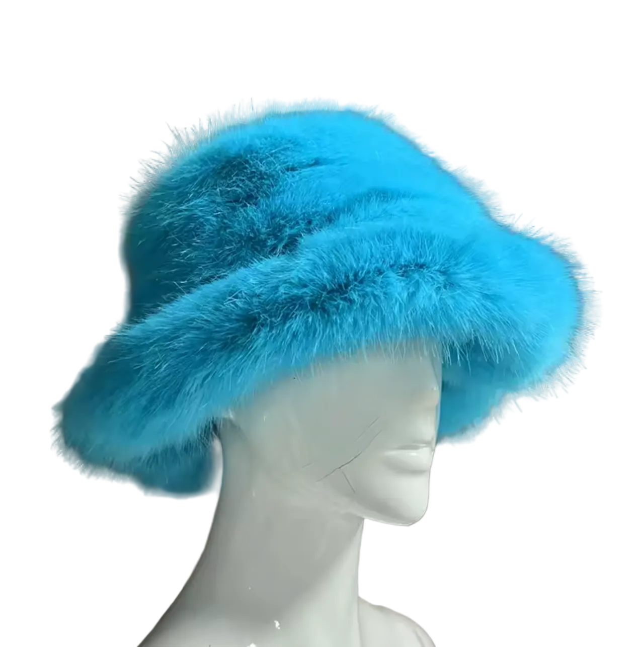A bright turquoise blue faux fur bucket hat displayed on a white mannequin head against a textured brown background.